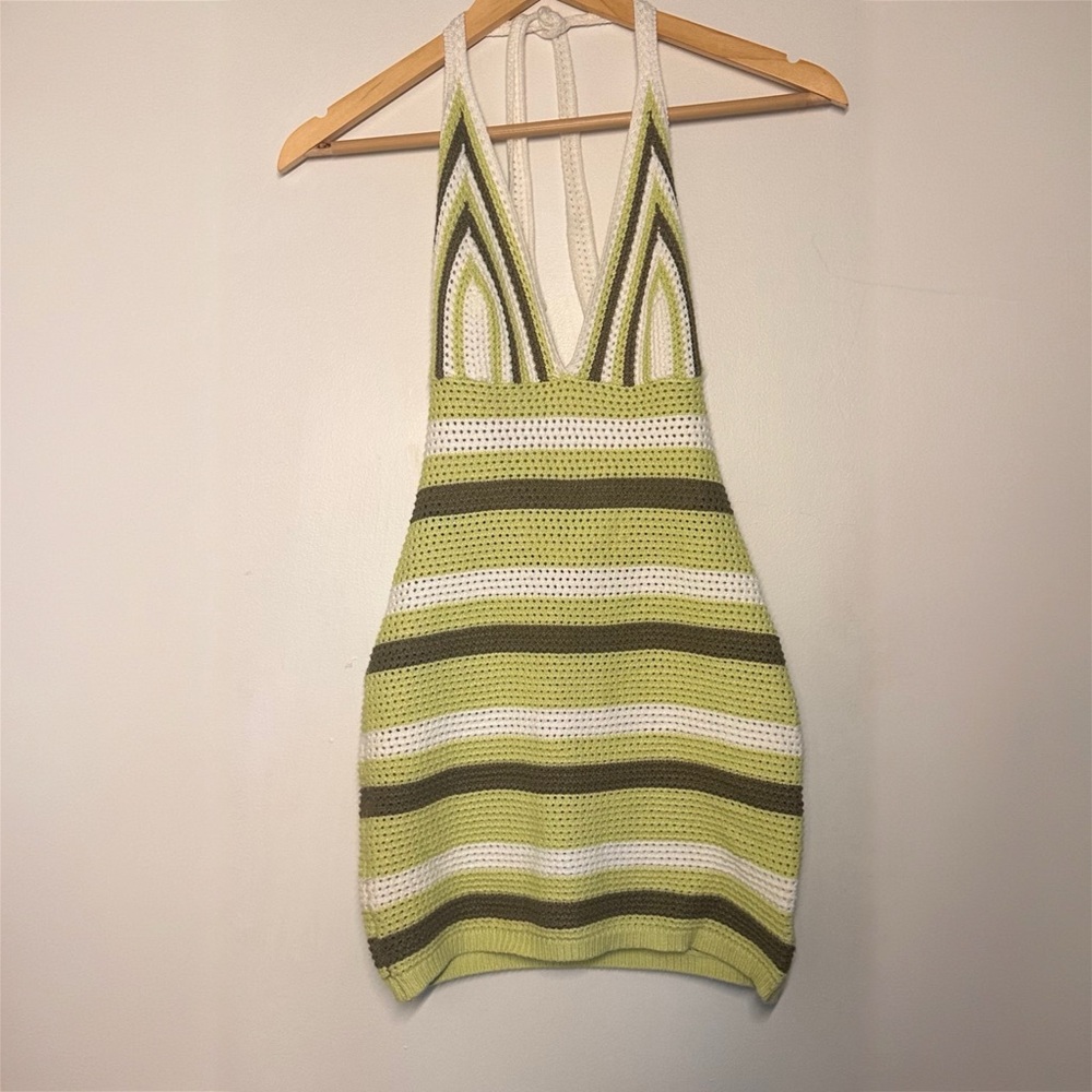 Striped Crochet-like Halter Mini Dress